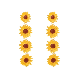 Chic multi-layered sunflower dangle earrings with yellow enamel petals and gold finish