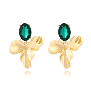 Floral Petal Drop Earrings Emerald Green Oval Glass Rhinestone Alloy Vintage Style For Women Elegant Jewelry