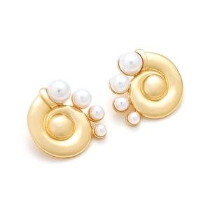 Vintage golden conch shell earrings with white imitation pearls on white background