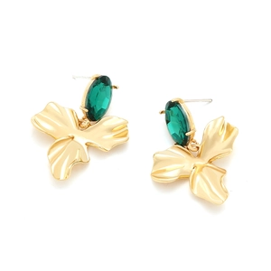 Elegant gold flower earrings featuring emerald green crystal petals and luxury rhinestone