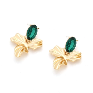 Elegant gold flower petal earrings featuring faceted green rhinestone crystals
