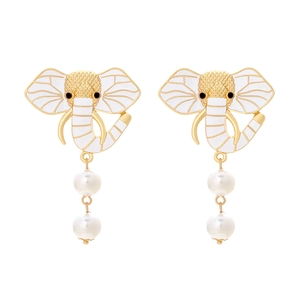Exaggerated elephant enamel earrings with sparkling diamonds and white pearl pendants