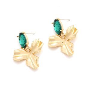 Elegant gold drop earrings with oval dark green crystals and three-petal metal charms