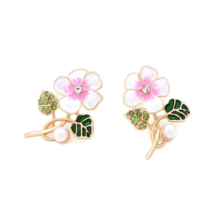 Elegant floral enamel earrings with green crystal leaves and white round pearls