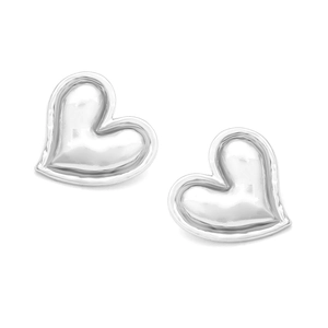 Polished silver alloy heart stud earrings with a minimalist mirror finish and 3D shape