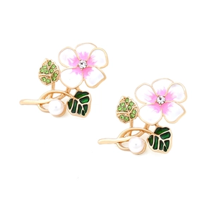 Elegant floral drop earrings with pink enamel camellia and white pearl accents