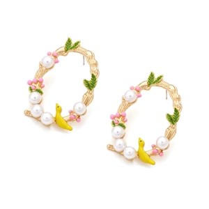 Golden bird wreath earrings with pearls and green enamel leaves on white background