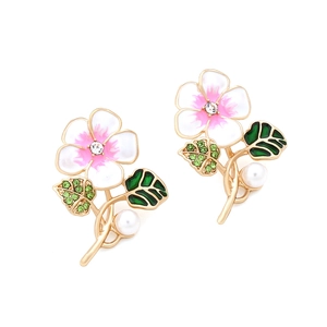 Elegant floral enamel earrings with rhinestones and white pearls in pastoral style