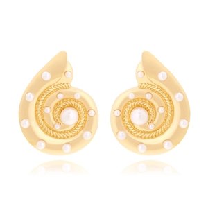 Oversized Conch Shell Stud Earrings Zinc Alloy Gold Plated Faux Artificial Pearl Inlaid Retro Beach Style For Women