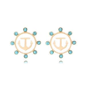 Nautical Anchor Ship Wheel Stud Earrings Zinc Alloy Enamel Light Blue Rhinestone Vintage Marine Style For Women Jewelry