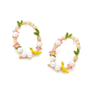 Pastel bird and floral wreath earrings with pearls and colorful enamel leaves