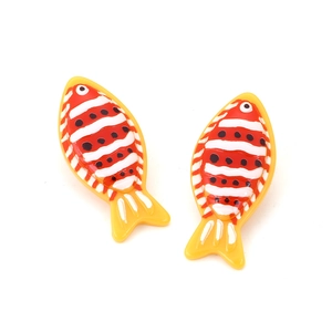 Fashionable tropical fish earrings with red white stripes and yellow resin finish