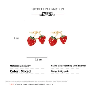 Detailed view of red strawberry earrings with zinc alloy specs and 2.5cm size markings