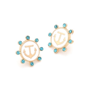 Retro anchor earrings in gold alloy with blue rhinestones and white enamel details