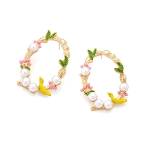 Colorful enamel bird wreath earrings with pearls and floral details on gold base