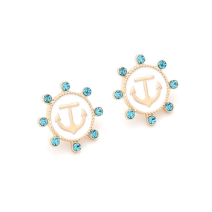 Retro anchor and helm stud earrings with blue rhinestones and white enamel