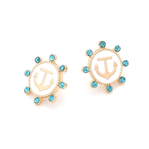 Vintage nautical ship wheel stud earrings with gold anchor emblem and blue crystals