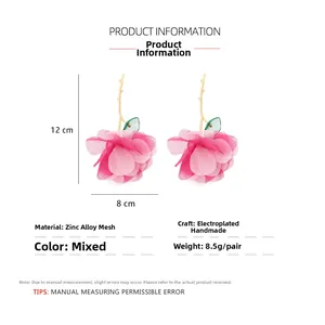 Detailed view showing 12cm length and 8cm width of pink chiffon flower drop earrings