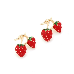 Pastel red strawberry drop earrings with green leaves and enamel finish on gold hooks