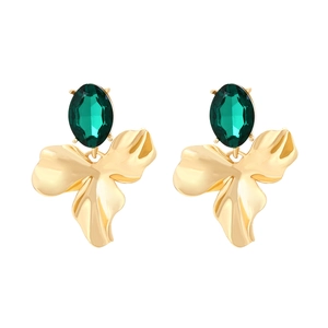 Vintage style gold flower earrings with green crystal petals and emerald rhinestones