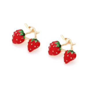 Pastoral style red strawberry enamel stud earrings with green leaves and gold plating
