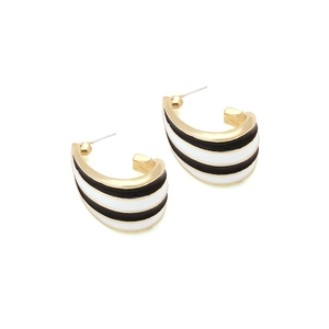 Retro C-shaped gold hoop earrings with black and white enamel stripes for women