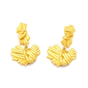 Vintage style gold textured heart drop earrings with artistic metallic pleated bundle design