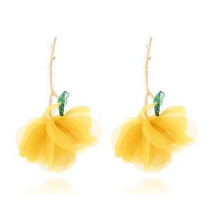 Bohemian style yellow chiffon flower tassel earrings with golden branch metal design