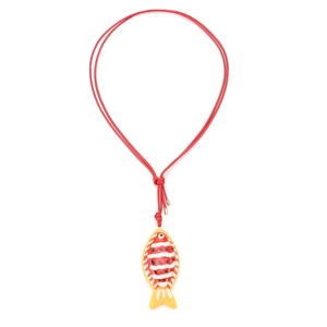 Handmade beaded tropical clownfish pendant necklace with red braided cord and yellow fish