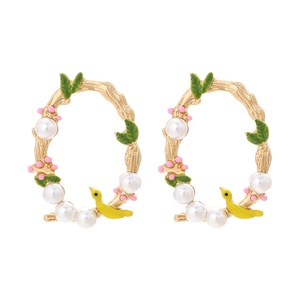 Bird Wreath Stud Earrings Zinc Alloy Enamel Drip Oil Faux Artificial Pearl Flower Leaf Natural Pastoral Style Jewelry For Women