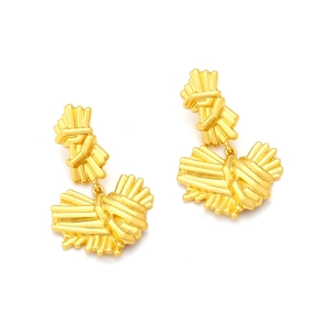 Vintage style gold wrinkled heart dangle earrings with artistic textured alloy design