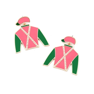 Boucles d'oreilles maillot jockey chic avec émail rose vert et perles blanches