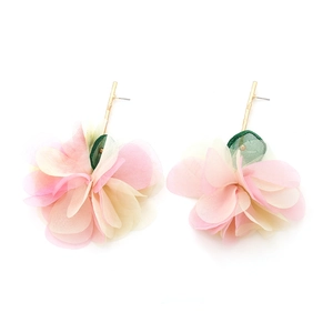 Detail of pink and cream layered chiffon flower earrings with golden branch hooks