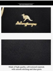 Close-up of black lychee textured leather handbag with gold kangaroo logo and neat stitching