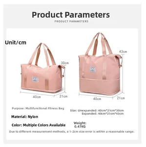 Detailed size comparison showing the expandable nylon travel bag in pink with dimensions