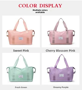 Detail view of four large oxford travel bags in sweet pink, cherry pink, green, and purple