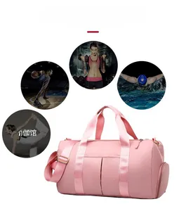 Pink waterproof travel bag showing fitness, swimming and yoga scenes with shoe compartment