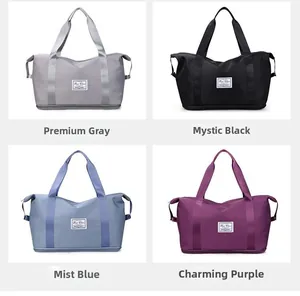 Oxford fabric travel bags shown in grey, black, blue, and purple with logo detail