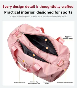 Detailed interior of pink travel bag showing dry wet separation pocket and shoe compartment