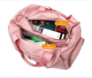 Internal view of travel bag showing dry and wet separation compartments for storage