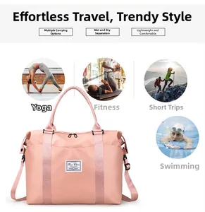 Detailed view of pink nylon travel bag with wet-dry separation for gym and yoga