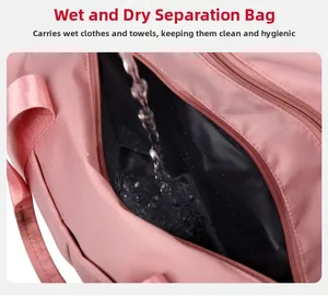 Detail showing waterproof dry and wet separation pocket with water flowing into the bag