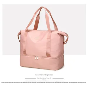 Detailed side view of pink waterproof travel bag with wet-dry separation pocket