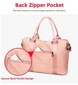 Close-up of pink travel bag with hidden back security zipper pocket for valuables