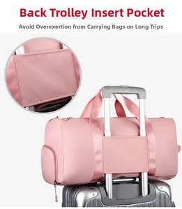 Pink waterproof fitness bag featuring a back luggage strap and side zipper pocket