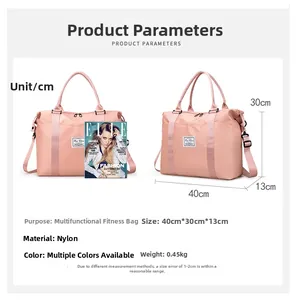 Pink nylon travel bag with size chart dimensions 40x30x13cm for fitness and travel