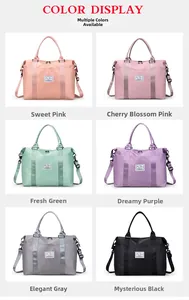 Detail showcasing six color variants of nylon travel bags with dual straps and logos