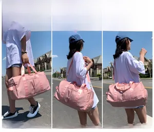 Pink waterproof travel bag shown in three styles: handbag, shoulder bag, and crossbody bag