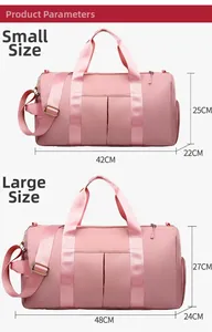 Size chart showing large and small pink waterproof travel bags with dimensions