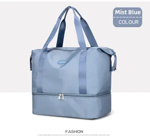 Detail view of misty blue travel bag with wide handles and bottom zipper compartment